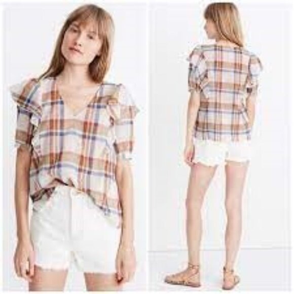 Madewell Tops - Madewell Plaid Short Sleeve V Neck Lightweight Shoulder Ruffle Top Small